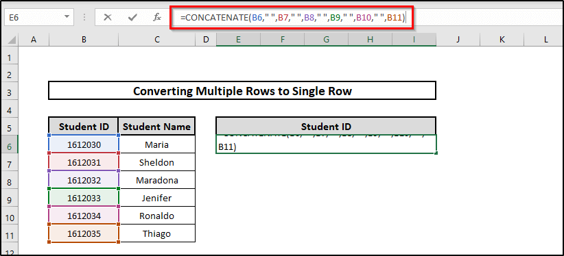 Convert Multiple Rows to a Single Row in Excel Using CONCATENATE Function 