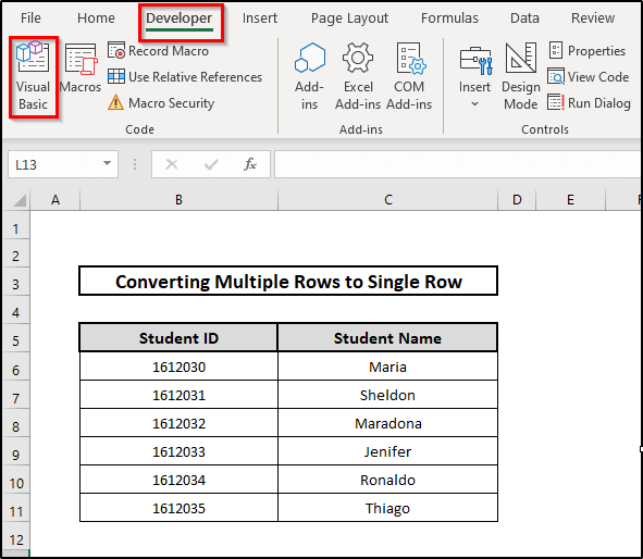 Convert Multiple Rows to a Single Row in Excel Employing VBA Code