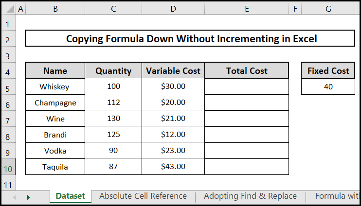 Dataset of copying formula down without incrementing in Excel