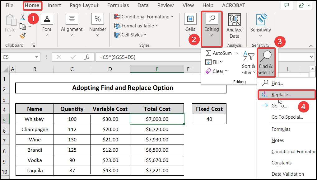 Find and replace option to copy formula down without incrementing in excel. 