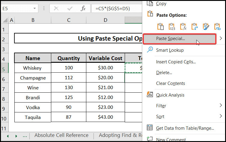 using paste special option.