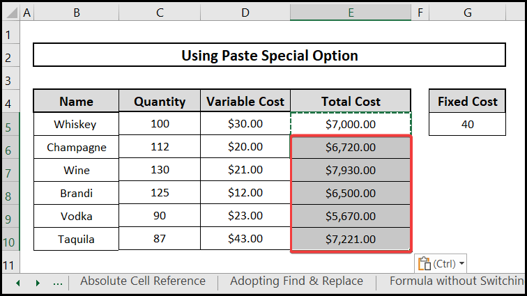 result of paste special option