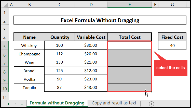 procedure of formula without dragging