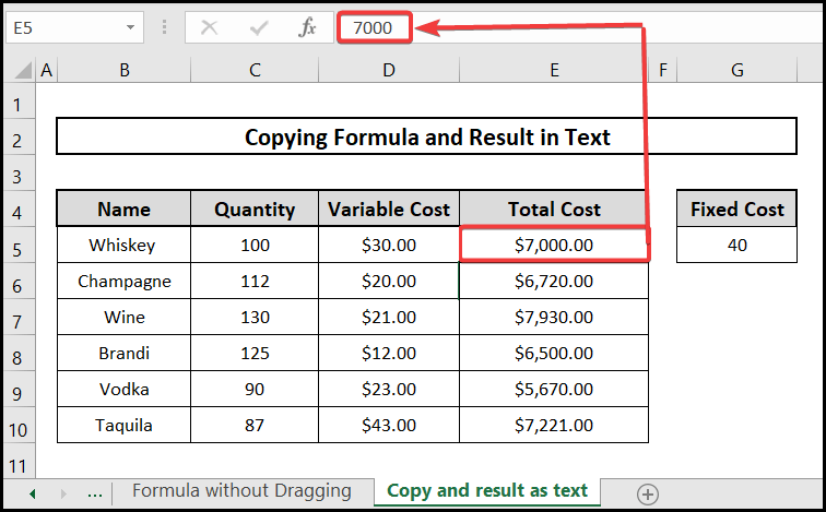 result of copying formula in text