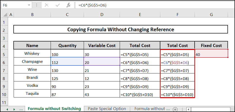 result of copying formula without changing reference.