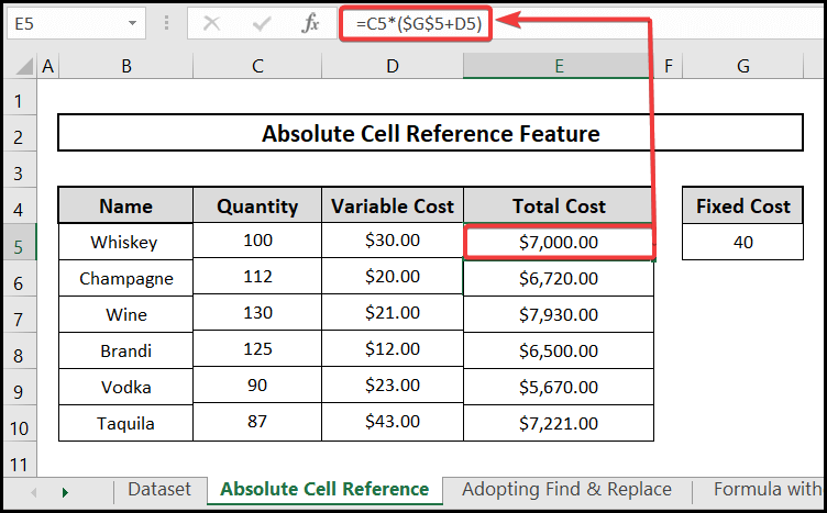 Use of absolute cell reference of copying formula down in excel.