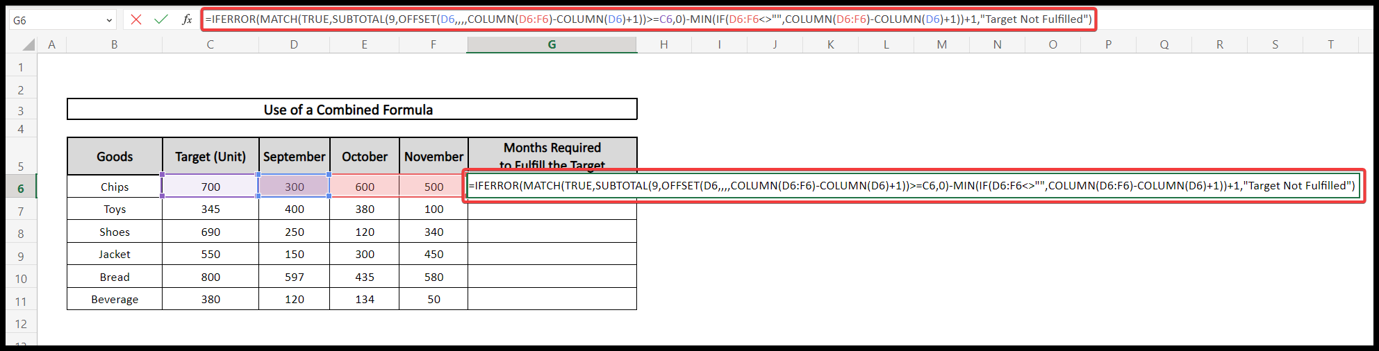  excel count columns until value reached using combination of IFERROR, MATCH, SUBTOTAL, OFFSET, COLUMN, MIN functions