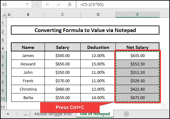 Converting Formula to value via notepad without paste special in Excel