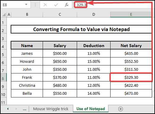Result of converting formula to value via notepad without paste special in excel