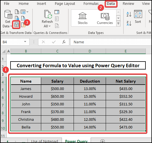 Power query method of converting formula to value without paste special in excel