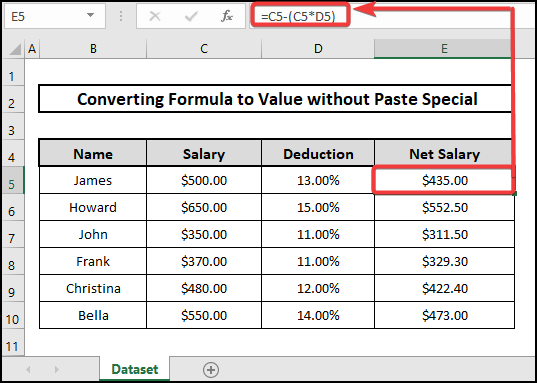 convert formula to value without paste special in Excel