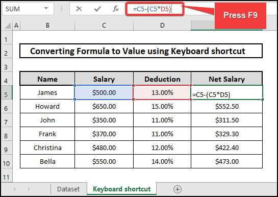 usage of keyboard shortcut for converting formula to value without paste special in Excel
