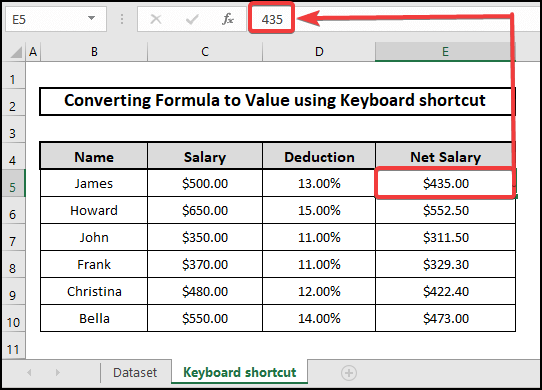 Result of using function key to convert formula to value without paste special in Excel