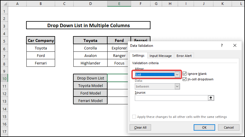 Generating Independent Drop-Down List to to Create Drop Down List in Multiple Columns 
