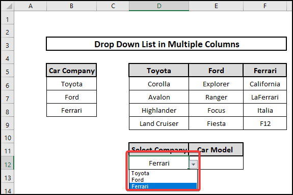 Applying Offset and Match Functions in Multiple Columns to to Create Drop-Down List in Multiple Columns in Excel