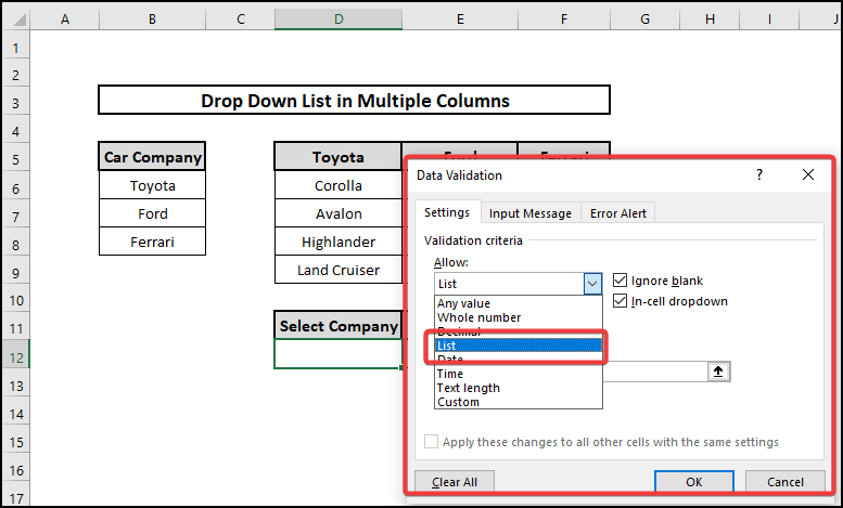 Applying Offset and Match Functions in Multiple Columns to Create Drop-Down List in Multiple Columns in Excel
