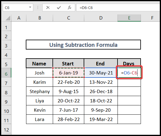 Subtraction can be used to excel formula to count days from date
