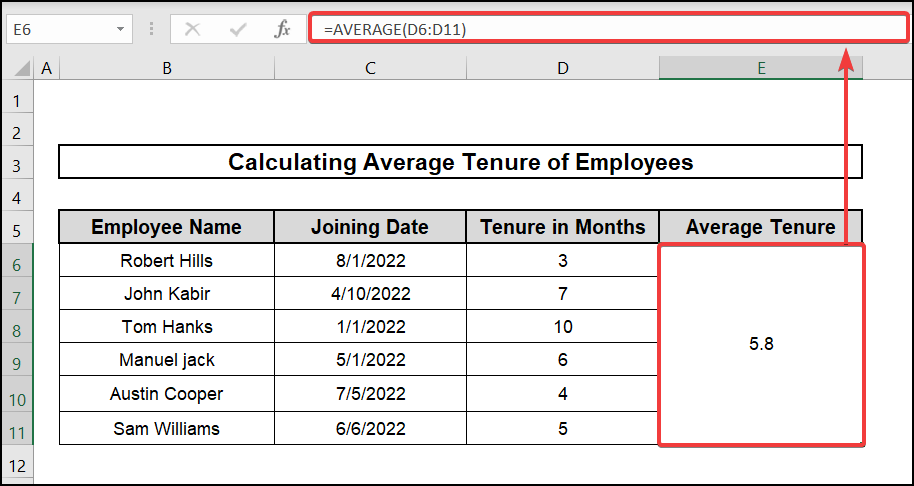 calculate average tenure of employees in excel from datedif month formula