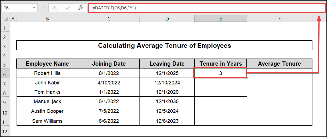 datedif formula to calculate average tenure of employees in years in excel
