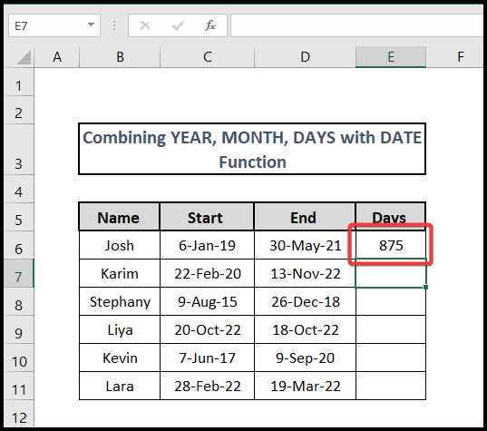 excel formula to count days from date using combination of date function