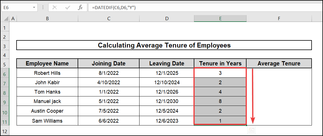 autofilling datedif's year formula to calculate average tenure of employees in excel