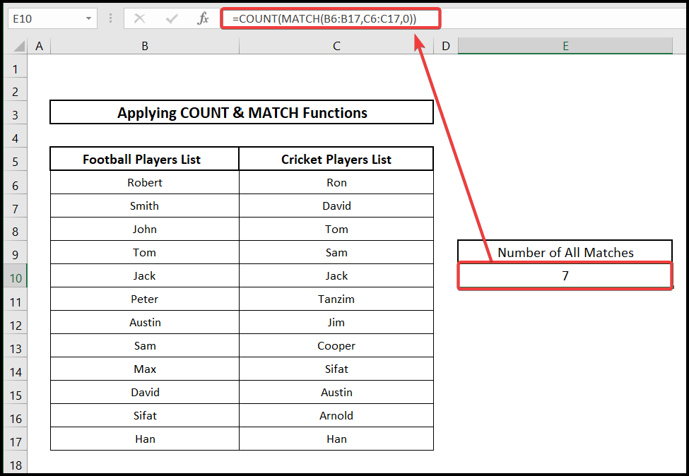 excel count matches in two columns by applying COUNT and MATCH Functions