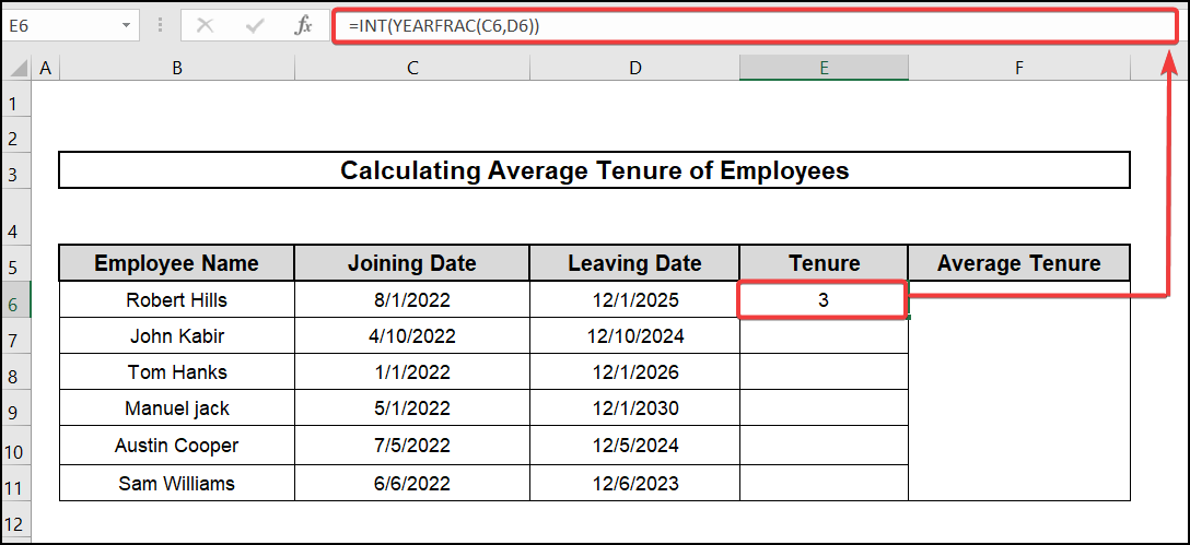 calculate average tenure of employees in excel with int and yearfrac
