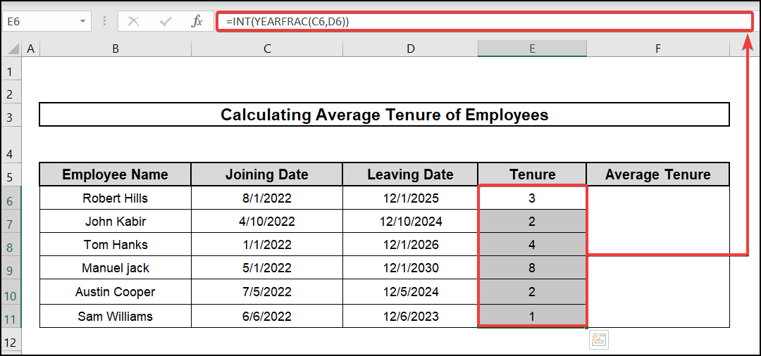 autofilling int and yearfract function to calculate average tenure of employees in excel