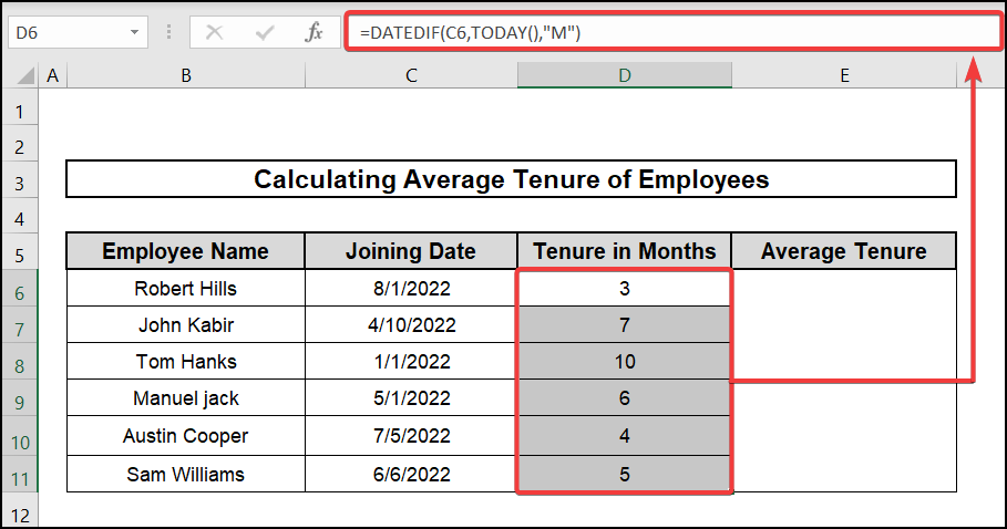 datedif month formula to calculate average tenure of employees in excel