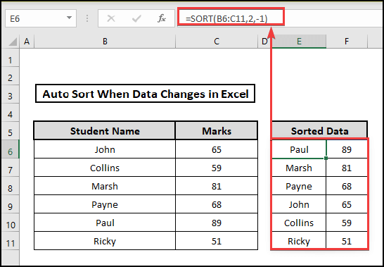 Auto sort when data changes in descending order in Excel