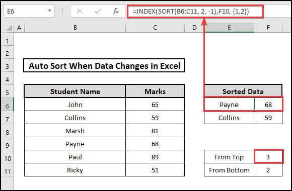 INDEX and SORT function to auto sort 2nd highest when data changes in Excel
