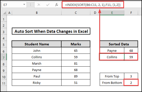 INDEX and SORT function to Auto Sort When Data Changes in Excel