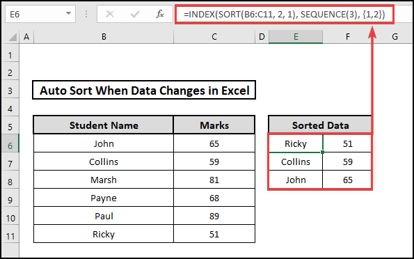 INDEX and sORT function to determine 3 lowest numbers to Auto Sort When Data Changes in Excel