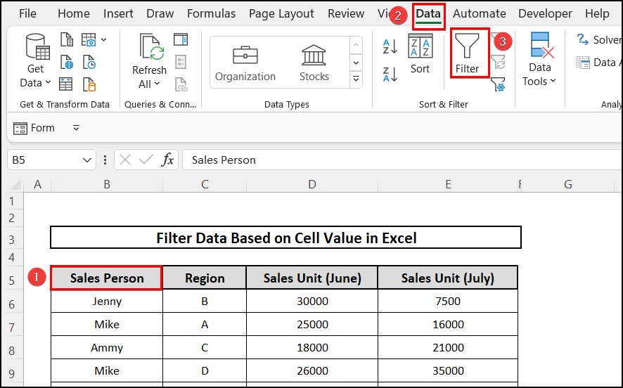 Filter option to Filter Data Based on Cell Value