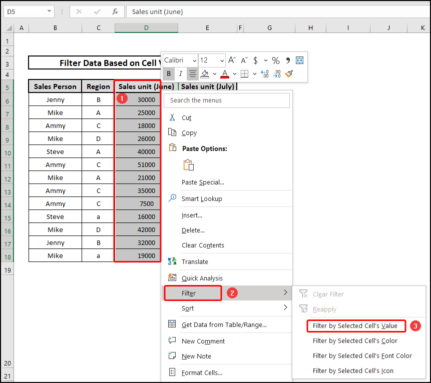 Selected Cell Values to Filter Data Based on Cell Value in Excel