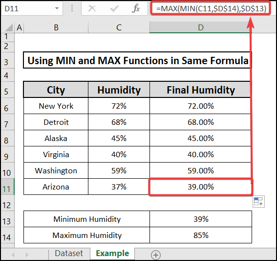 Result to Excel MIN and MAX in same formula