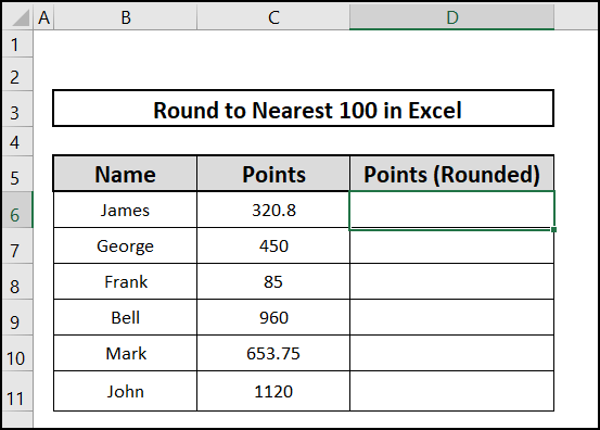 Dataset to round to nearest 100 in Excel