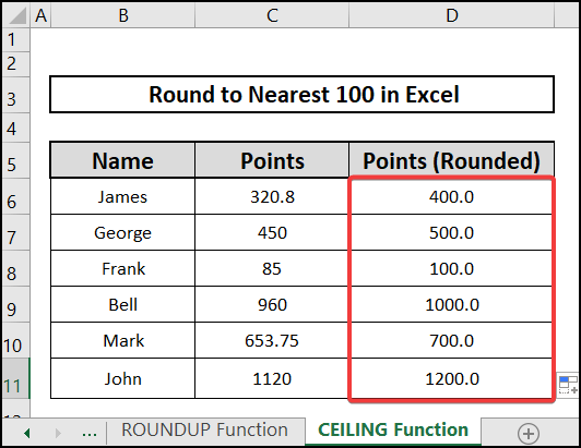 result of CEILING function to round to nearest 100 in Excel