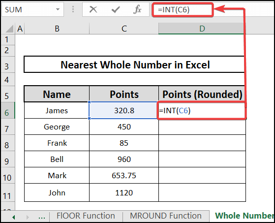 Nearest whole number in Excel using INT function