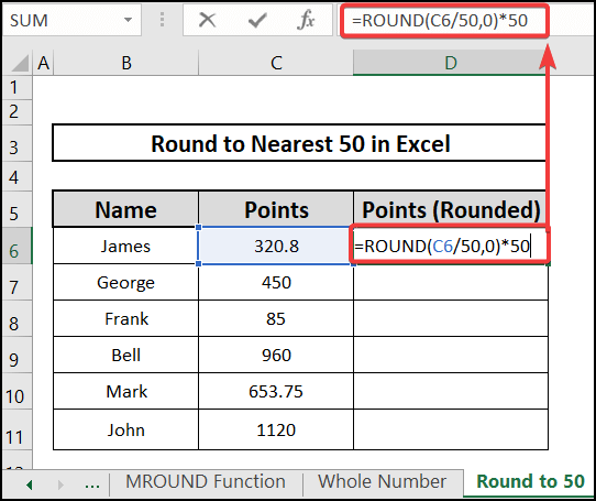 Round to nearest 50 in Excel using the ROUND function