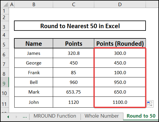 result to round to nearest 50 in Excel