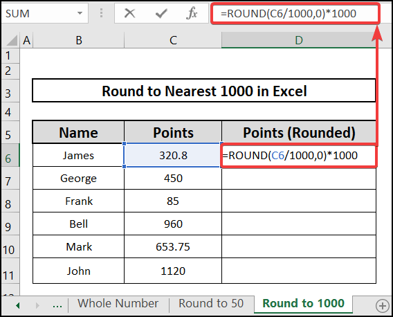 Round to nearest 1000 in Excel using the ROUND function