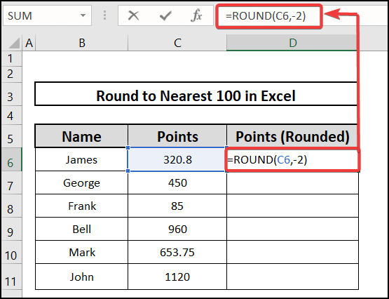 Usage of ROUND Function to round to nearest 100 in Excel