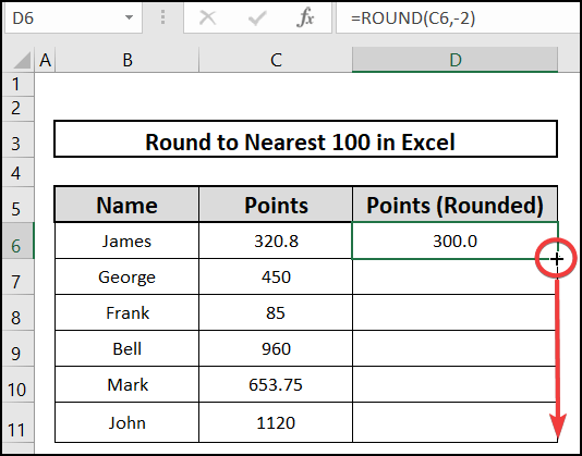 using Fill Handle to round to nearest 100 in Excel