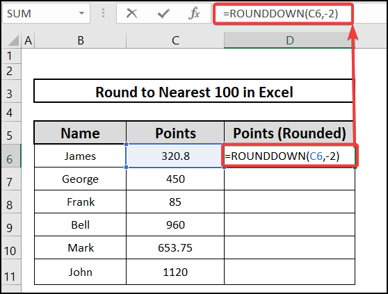 Using the ROUNDDOWN function to round to nearest 100 in Excel