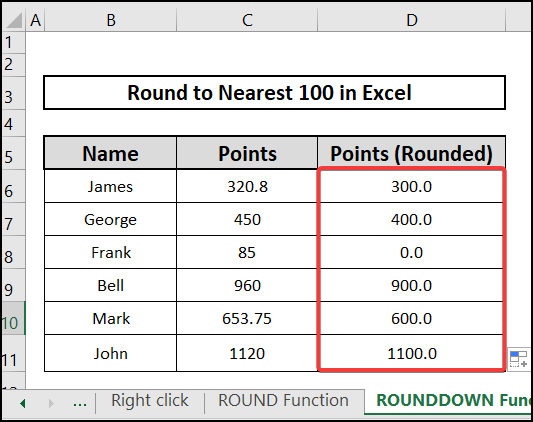 result of ROUNDDOWN function to round to nearest 100 in Excel