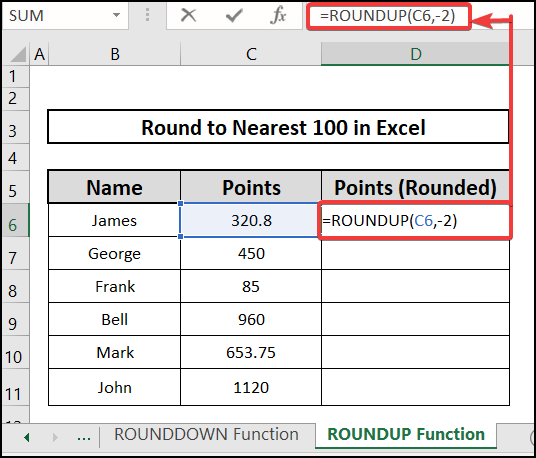  Using the ROUNDUP function to round to nearest 100 in Excel
