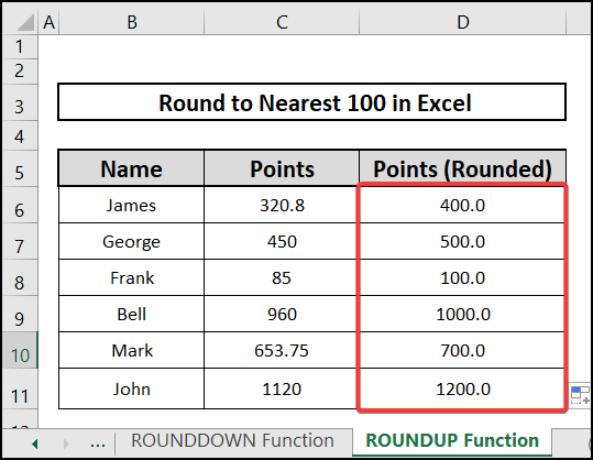 result of ROUNDUP function to round to nearest 100 in Excel