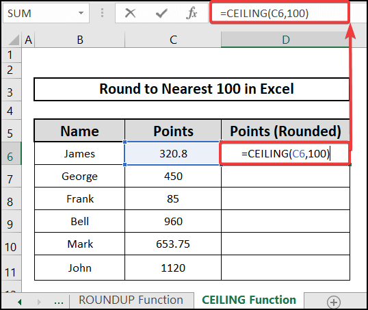 Applying the CEILING function to round to nearest 100 in Excel