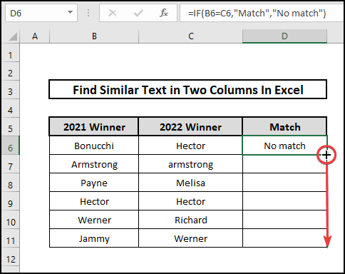Excel find similar texts row by row in two columns.